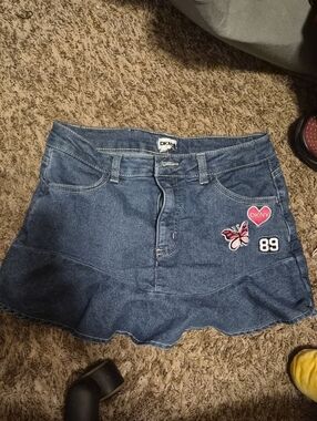 DKNY Blue Denim Mini Skirt with Heart, Butterfly & '89 Patches